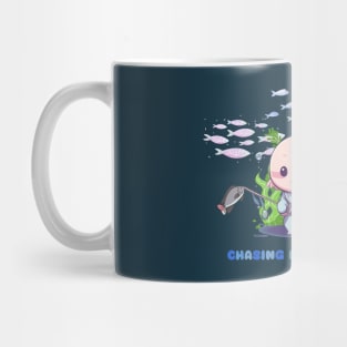 Cute axolotl fishing in the sea among seaweed Mug